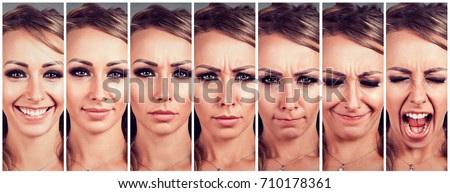 Mood swings. Young woman changing emotions from being happy to getting upset and angry screaming Royalty-Free Stock Photo #710178361