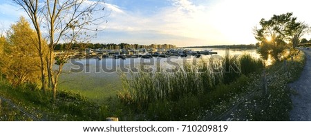 Panoramic view of a  island harbour in the autumn/fall at sunrise/sunset