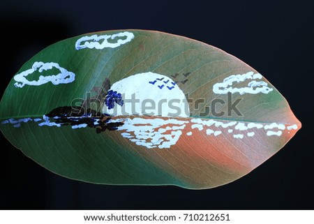 the island painting on green leaf on red light and black background