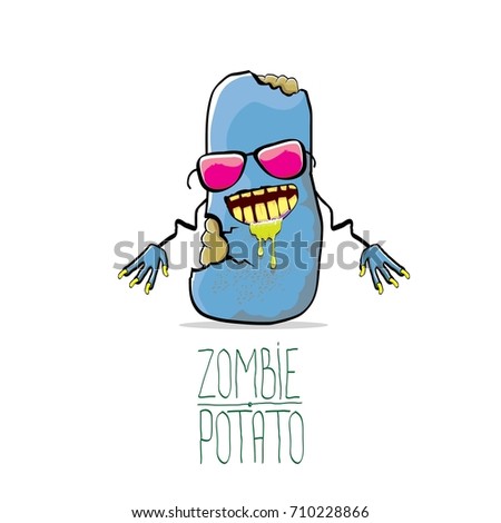 vector funny cartoon cute blue zombie potato isolated on white background. My name is zombie potato vector concept halloween background. monster vegetable funky character