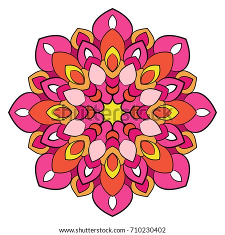 Bright colored mandala. A repeating pattern in the circle. A beautiful image for scrapbook. Picture for meditation and relaxation.