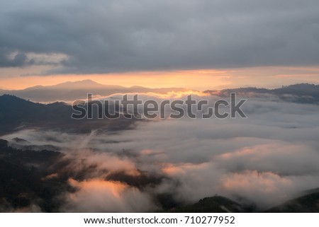 Beautiful sea of mist with sunrise in Betong District, Yala Province, Thailand