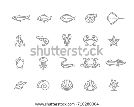 Set of vector fish and sea food line icons. Shrimp, oyster, squid, crab, ell, fugu, lobster, carp, sturgeon, jellyfish, octopus, turtle, starfish, coral, sell, seahorse and more. Editable Stroke. Royalty-Free Stock Photo #710280004
