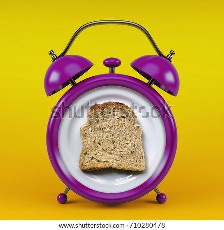 alarm clock with toast bread concept - isolated on yellow background