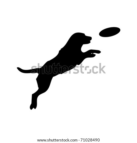 Vector black silhouette of jumping Dog and Frisbee