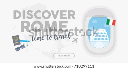 Discover Rome. Time to travel. World travel and tourism concept flat vector. Plane window banner