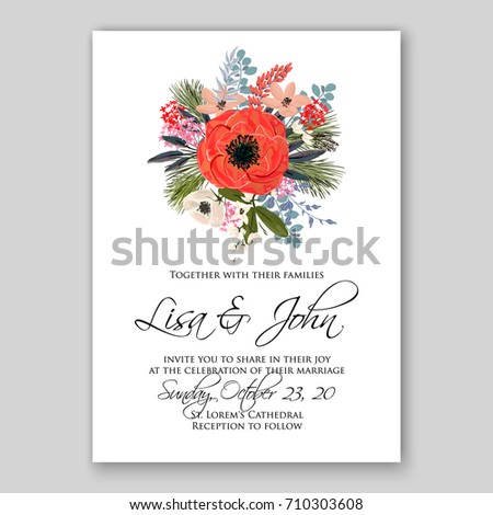 Romantic Spring floral of rustic flowers background for wedding invitation vector template card. Red Poppy, ranunculus, peony.