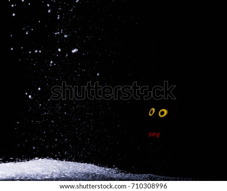toy cat and snow on a black isolated background