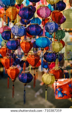 Colorful tradition lantern at chinatown market in saigon, Vietnam. Many kind of Chinese lanterns hanging on street market in mid autumn festival. Royalty high quality free stock image. Vietnam culture