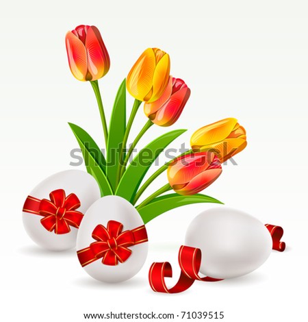 Easter background with egg decorated and tulips