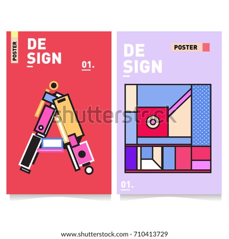 Vector covers design set with retro style. Cool geometric memphis style poster template with alphabets. Summer and autumn design template.