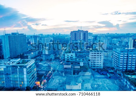 skyline aerial view with colorful cloud and skyscrapers