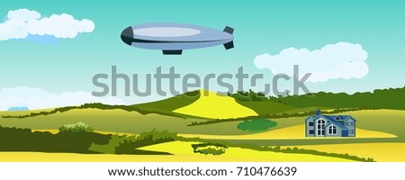 Countryside landscape, green fields, house, clouds on the sky, airship.