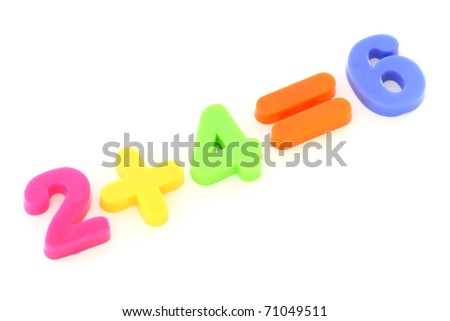 Numbers formed from plastic colourful toy digits on white background