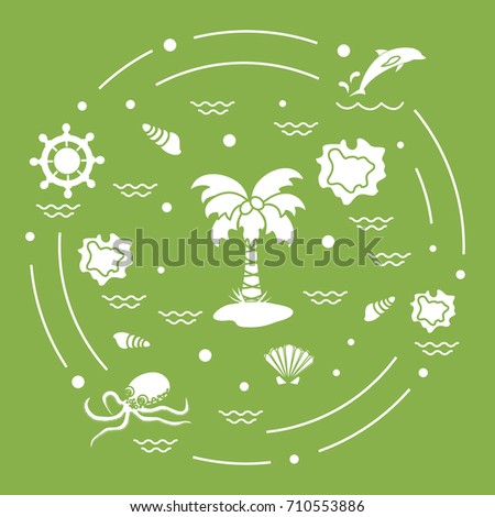 Cute vector illustration with different objects related to tourism and outdoor recreation arranged in a circle. Design for banner, poster or print.