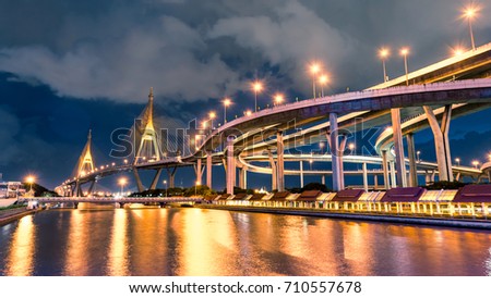 beauty of the Bhumibol bridge image before twilight sunset bangkok thailand