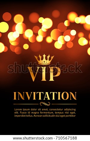 VIP invitation card with gold and bokeh glowing background. Premium luxury elegant design.