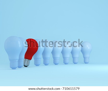 Row of light bulbs red one different idea from the others on light blue background. concept about leadership freedom of thought the ability to lead business success. Minimal concept idea.