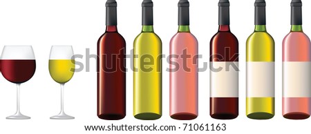 Red, rose and white wine bottles with and wothout labels and glasses