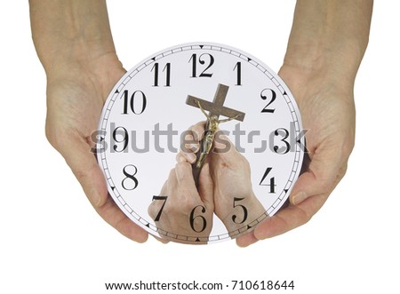 Make Time for Him - Female hands holing a clock face with no hands except a picture of another pair of hands holding a small statue of Christ on the Cross, against a white background

