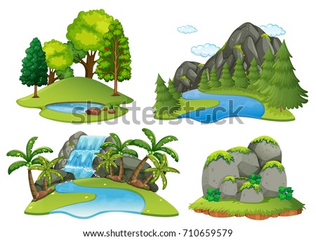 Background scenes with forest and waterfall illustration