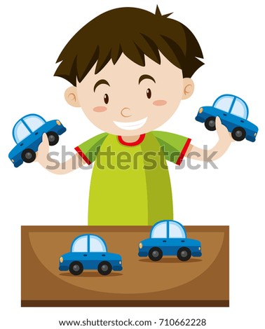 Little boy playing with toy cars illustration
