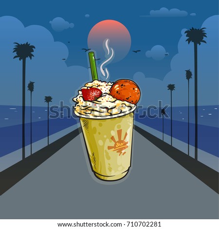 Cup of hot drink with cookie, strawberry and cream on the beach in the night, vector illustration, vintage and retro poster