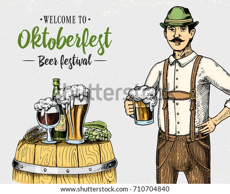 man in traditional Belgian or Bavarian clothes with beer. engraved in ink hand drawn in old sketch and vintage style for web or pub menu. design of oktoberfest on gray background.