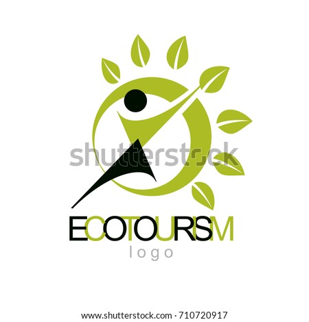 Vector illustration of excited abstract  man with raised reaching up. Ecotourism conceptual logo. Environmental conservation theme symbol.