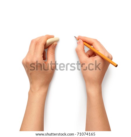 human hands with pencil and erase rubber writting something Royalty-Free Stock Photo #71074165