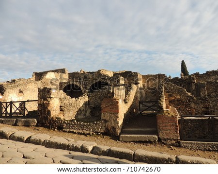 Landscape of an ancient architecture with some ruins in Pompeii, Italy.
