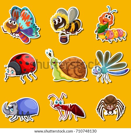 Sticker set with many insects on yellow background illustration