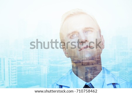 portrait of handsome and smart doctor with action posture and city image double exposure