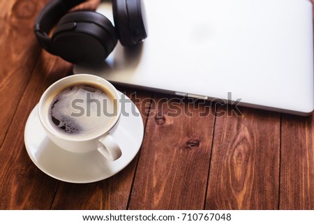 desk table laptop headphones music or office concept wooden background table top view copy space 