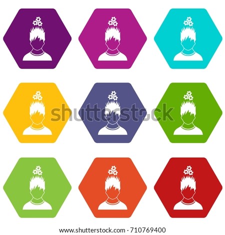 Man with metal gears over head icon set many color hexahedron isolated on white vector illustration