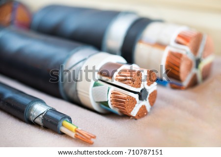 Cross section of high-voltage cable. Thick copper veins are surrounded by a thick layer of polymer insulation. Royalty-Free Stock Photo #710787151