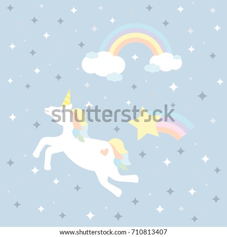 illustration vector of unicorn with rainbow in sky on star purple background.