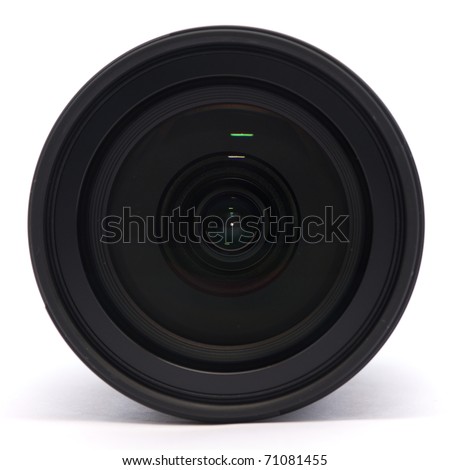 Front of a digital single lens reflex camera lens on a white background