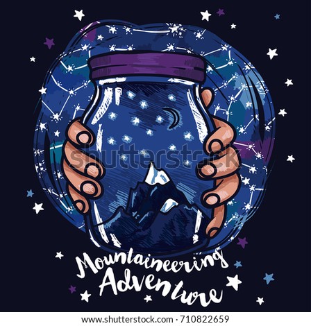 Poster for mountaineering with magical jar in hands and starry sky, sketch style, vector illustration