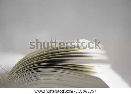 Pages of an open book with narrow depth of field on light background