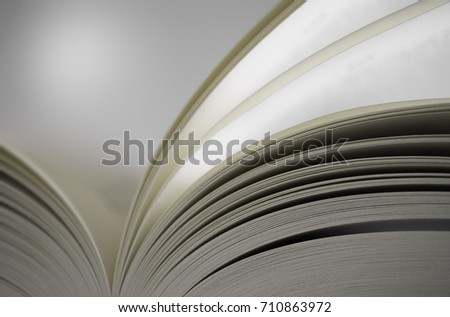 Pages of an open book with narrow depth of field on light background