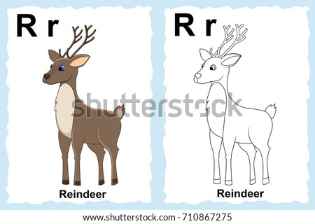 alphabet coloring book page with outline clip art to color. Letter R. Reindeer.