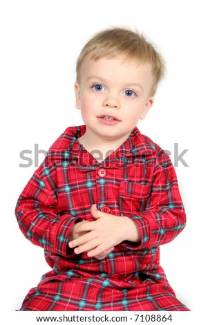 Little Boy in Christmas shirt and pants with white background