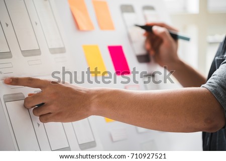 Programming websites and mobile applications on the phone, so-called. user experience (UX). Web designer, UX UI designer planning application for mobile phone. Royalty-Free Stock Photo #710927521
