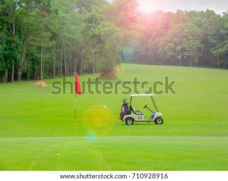 golf car or club car or golf cart on beautiful fairway on layout of golf course. We see beauty of layout and fairway with green grass and large trees litter. Golf course with beautiful light in sunset