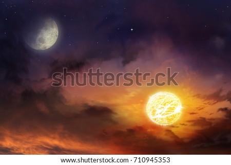 Space Solar Eclipse.  Solar system. Solar flare . outer space . Light in dark sky . View on night sky . Moon eclipse . Religion background .  Royalty-Free Stock Photo #710945353