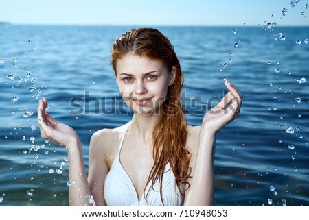 woman in water, drops, sea, portrait, spray.