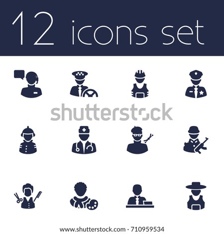 Set Of 12 Position Icons Set.Collection Of Stylist, Builder, Artist And Other Elements.