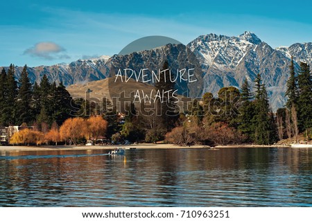 Travel inspirational quotes - Adventure awaits. Retro styled blurry background.
