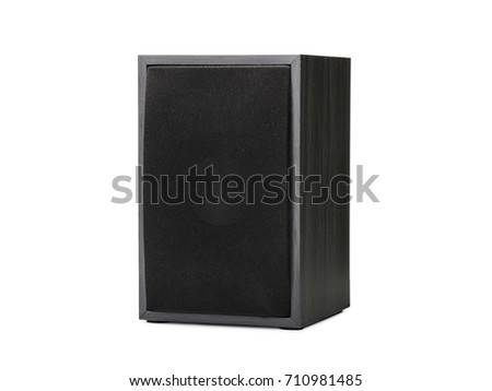 A big black simple loudspeaker isolated on a white background. Audio equipment for sound quality. Copy space.